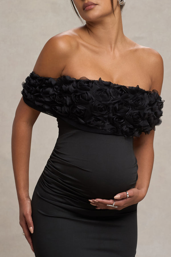 Club L Inflorescence Black Mesh Floral Bardot Maternity Maxi Dress
