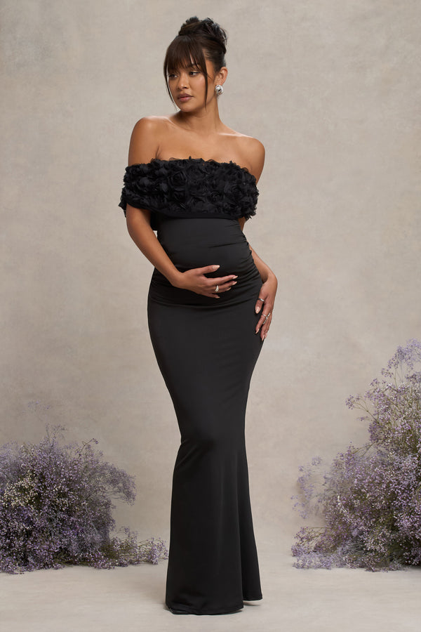 club l Inflorescence Black Mesh Floral Bardot Maternity Maxi Dress
