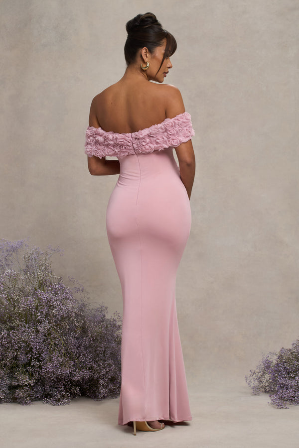 Club L Inflorescence Blush Pink Mesh Floral Bardot Maternity Maxi Dress