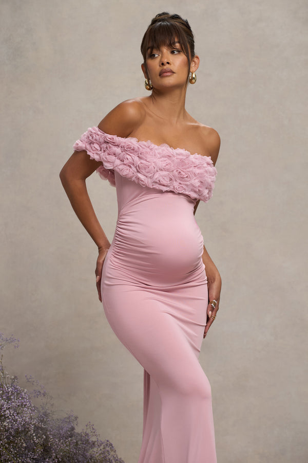 Club L Inflorescence Blush Pink Mesh Floral Bardot Maternity Maxi Dress