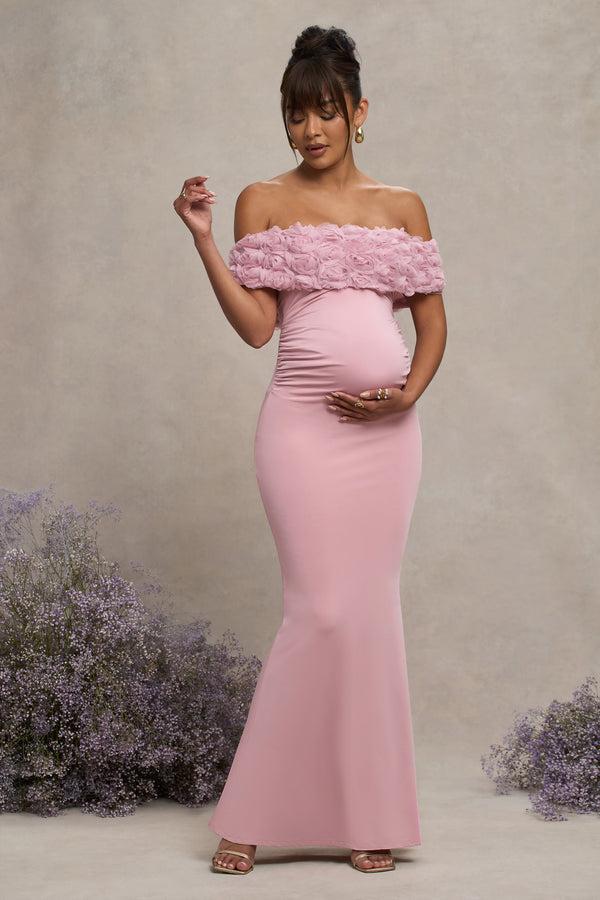 Club L Inflorescence Blush Pink Mesh Floral Bardot Maternity Maxi Dress