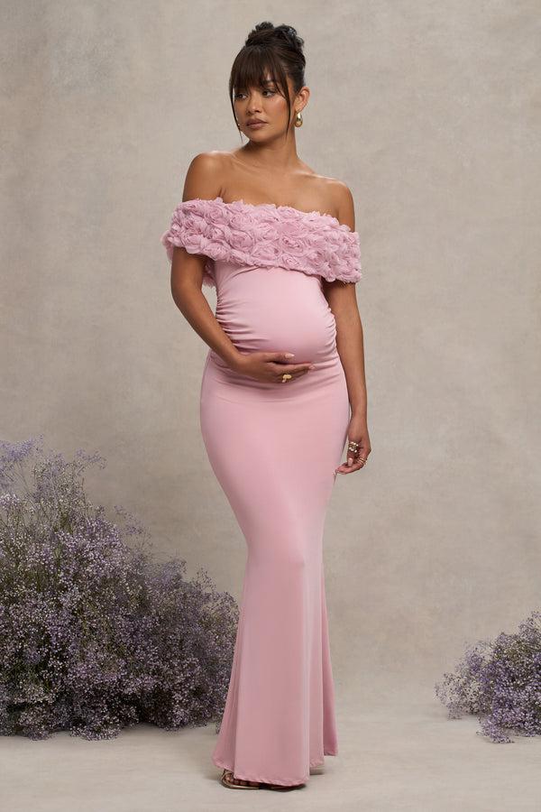 club l Inflorescence Blush Pink Mesh Floral Bardot Maternity Maxi Dress