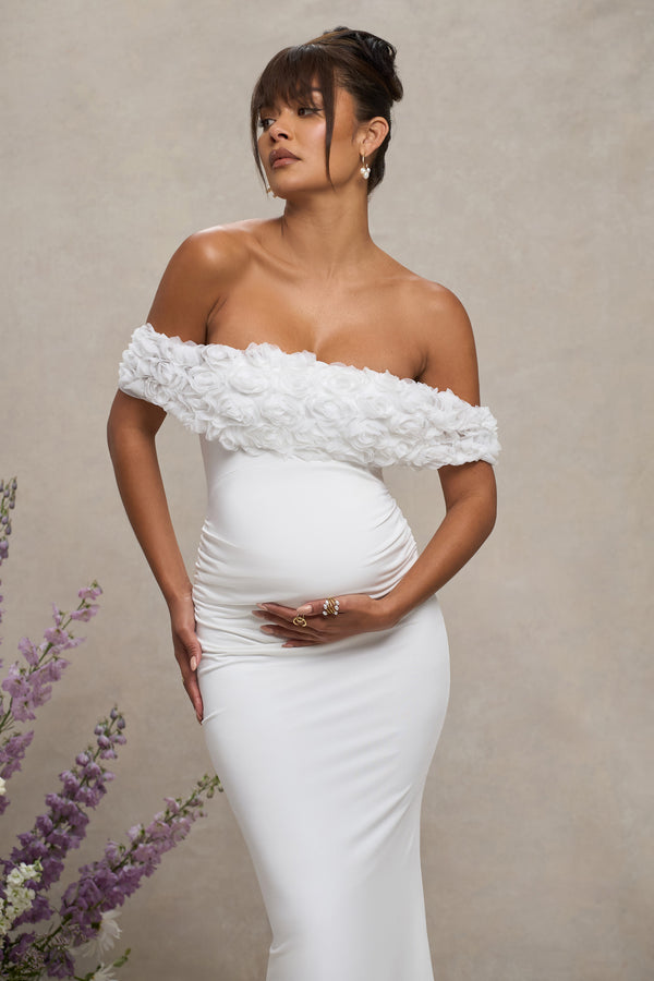 Club L Inflorescence White Mesh Floral Bardot Maternity Maxi Dress