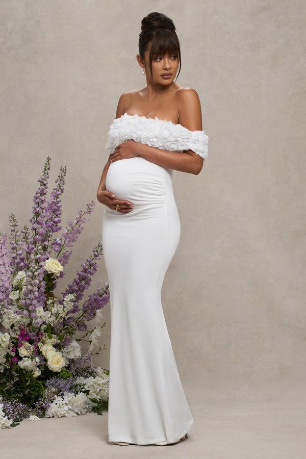 Club L Inflorescence White Mesh Floral Bardot Maternity Maxi Dress