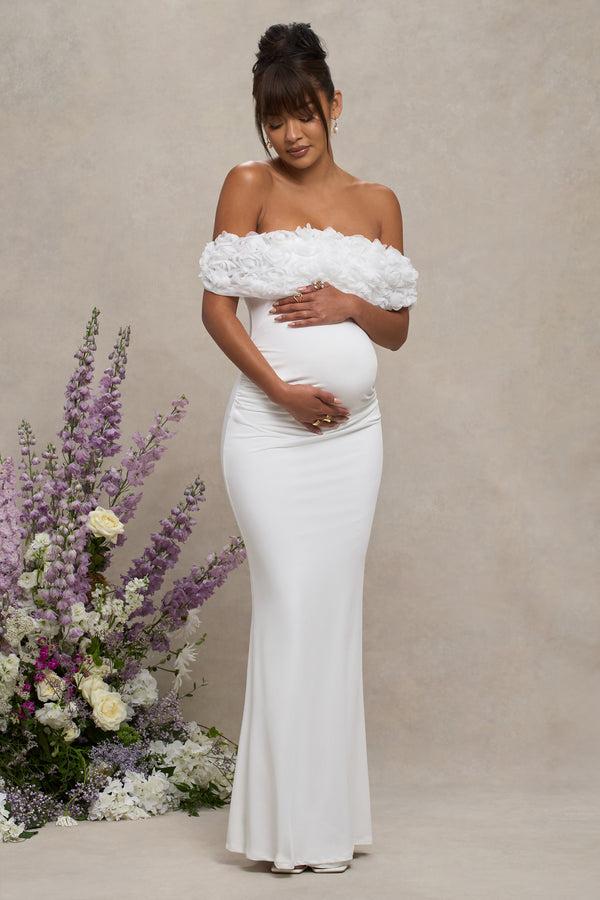 club l Inflorescence White Mesh Floral Bardot Maternity Maxi Dress