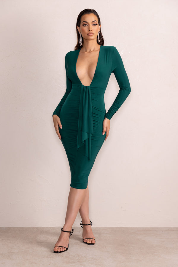 Club L Inspirational Bottle Green Plunge Neck Long Sleeves Ruched Midi Dress With Drape Detail