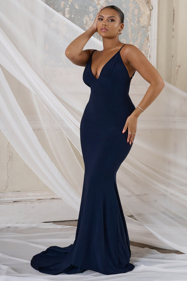 Club L Irreplaceable Navy Backless Bum Ruched Fishtail Maxi Dress