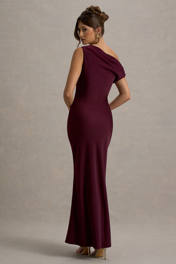 Club L Isolde Burgundy Satin One-Shoulder Maxi Dress