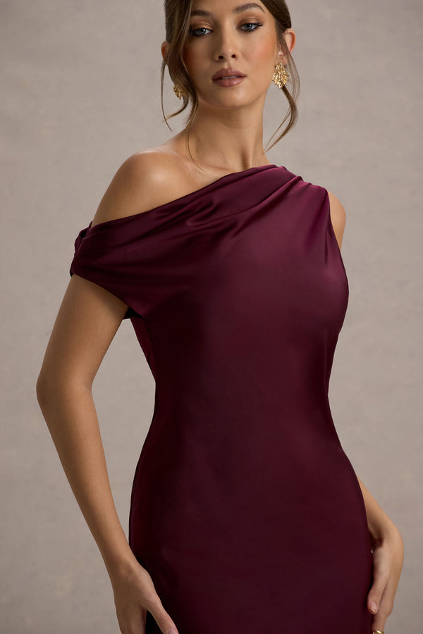 Club L Isolde Burgundy Satin One-Shoulder Maxi Dress