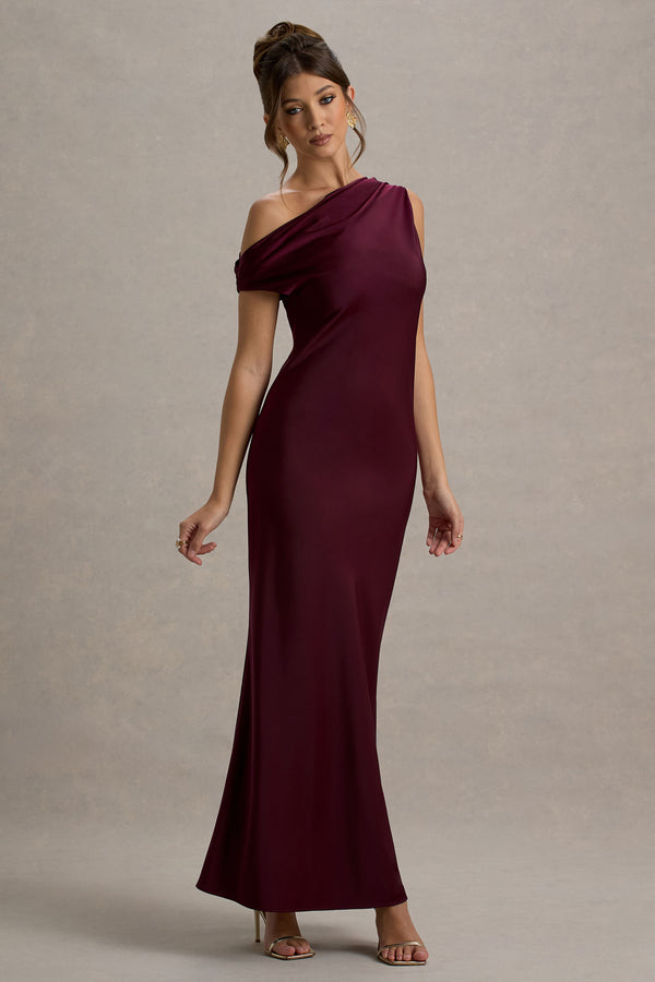 Club L Isolde Burgundy Satin One-Shoulder Maxi Dress