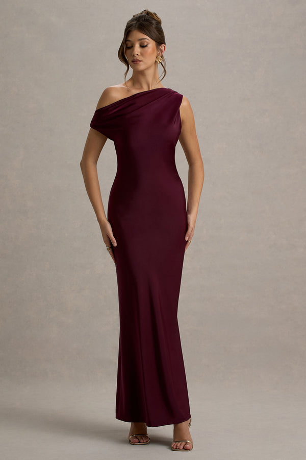 club l Isolde Burgundy Satin One-Shoulder Maxi Dress
