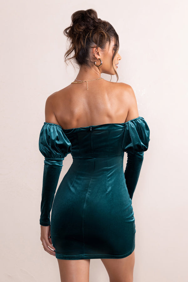 Club L Ivy Teal Velvet Cut Out Mini Dress With Ruffle Sleeves