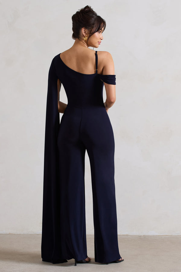 Club L Jelena Navy Asymmetric Draped Straight-Leg Jumpsuit With Cape Sleeve
