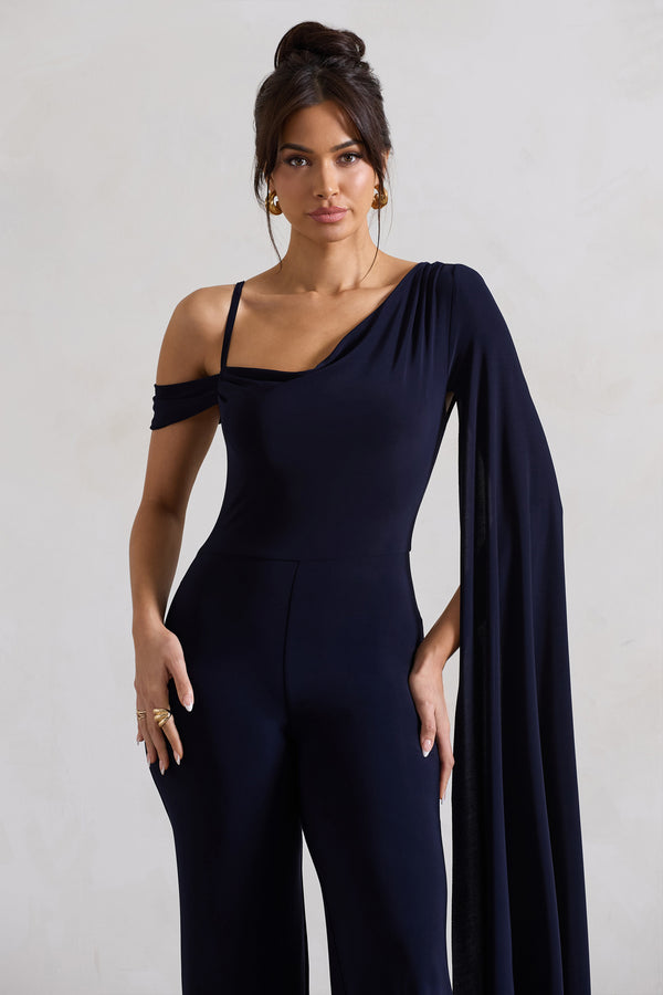 Club L Jelena Navy Asymmetric Draped Straight-Leg Jumpsuit With Cape Sleeve