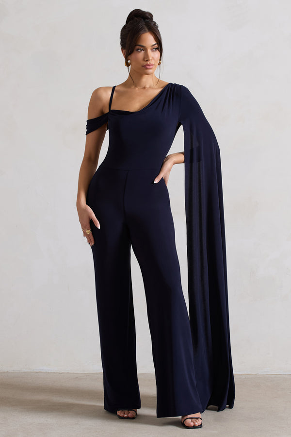 Club L Jelena Navy Asymmetric Draped Straight-Leg Jumpsuit With Cape Sleeve