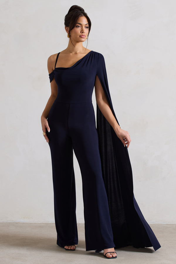 club l Jelena Navy Asymmetric Draped Straight-Leg Jumpsuit With Cape Sleeve