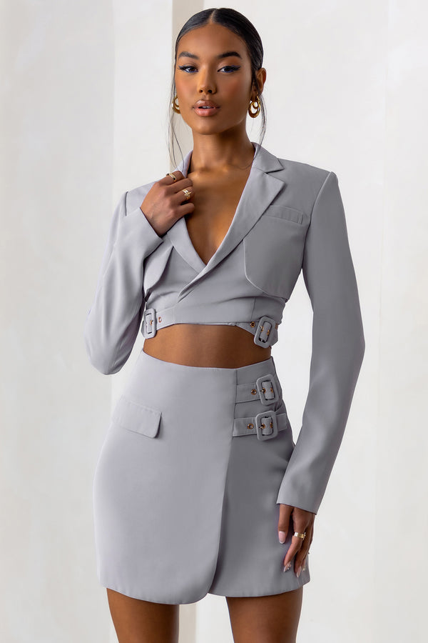 club l Jet Set Dove Grey Belt Strap Pocket Detail Mini Skirt