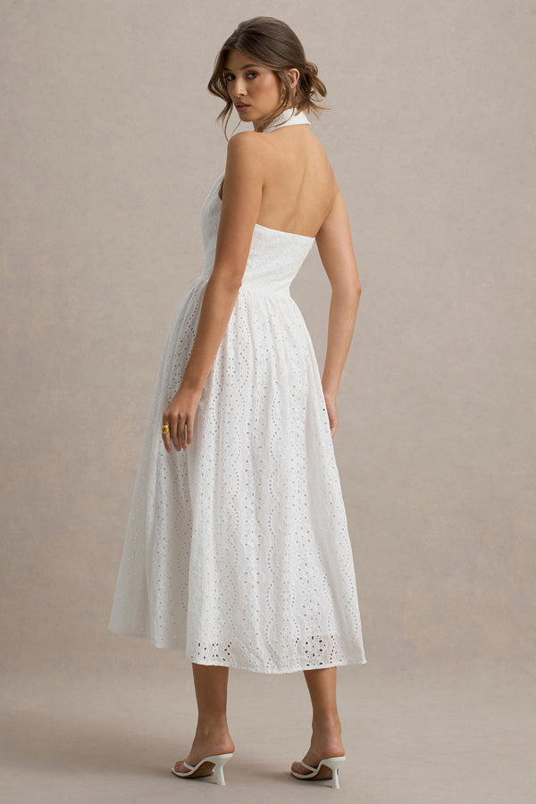 Club L Jezebel White Lace Plunge-Neck Collared Midi Dress