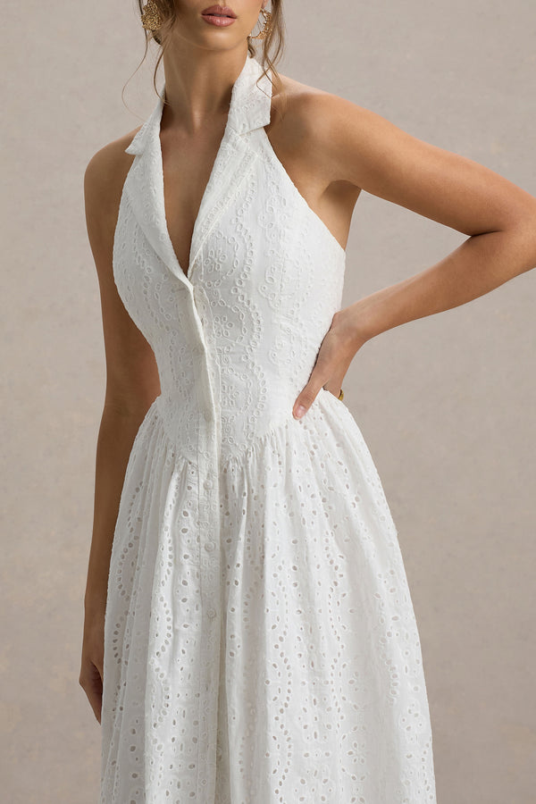 Club L Jezebel White Lace Plunge-Neck Collared Midi Dress