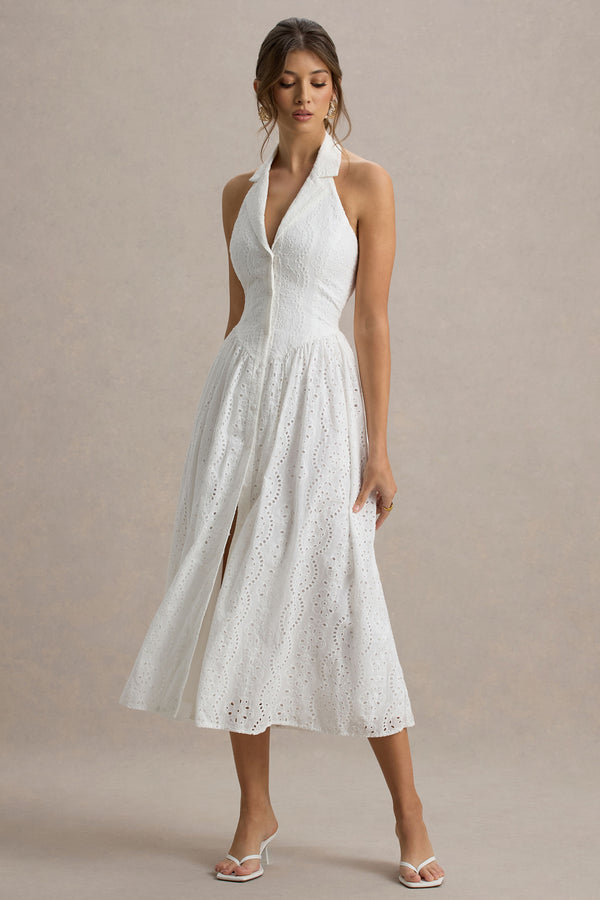 Club L Jezebel White Lace Plunge-Neck Collared Midi Dress
