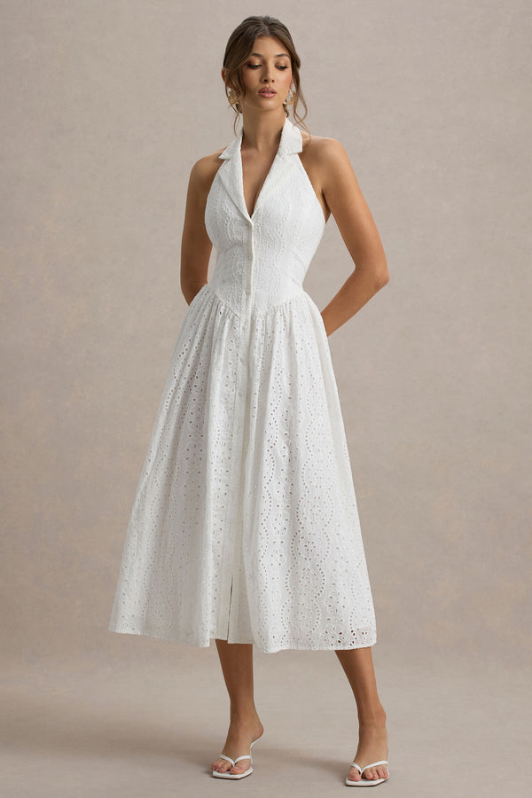 club l Jezebel White Lace Plunge-Neck Collared Midi Dress