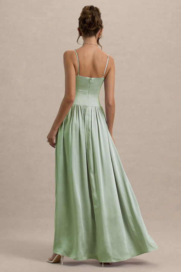 Club L Jonas Light Green Plunge-Neck Maxi Dress With Cami Straps