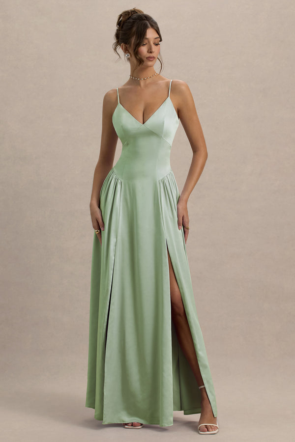Club L Jonas Light Green Plunge-Neck Maxi Dress With Cami Straps