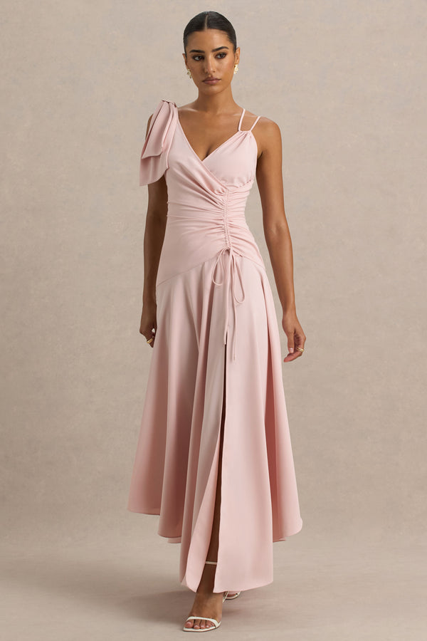 Club L Julieta Baby Pink Asymmetric-Neck Maxi Dress With Bow Detail And Open-Back