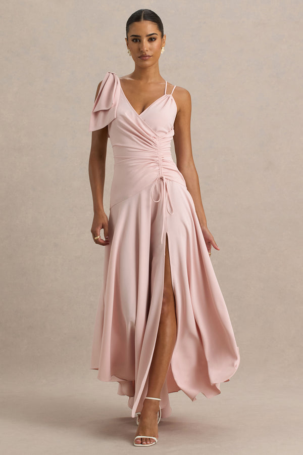 Club L Julieta Baby Pink Asymmetric-Neck Maxi Dress With Bow Detail And Open-Back