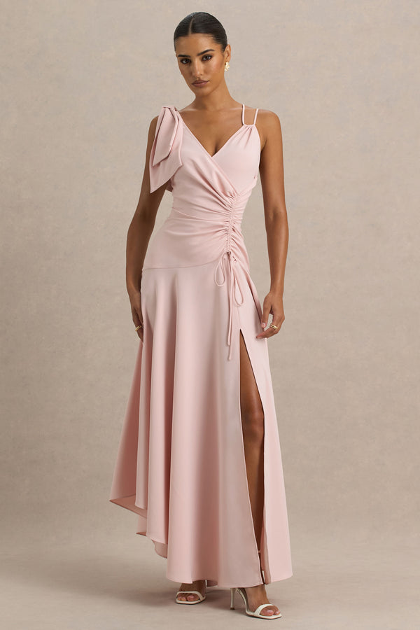 club l Julieta Baby Pink Asymmetric-Neck Maxi Dress With Bow Detail And Open-Back