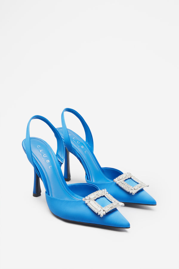 Club L Just A Fling Blue Satin Sling Back Heels With Diamante Brooches
