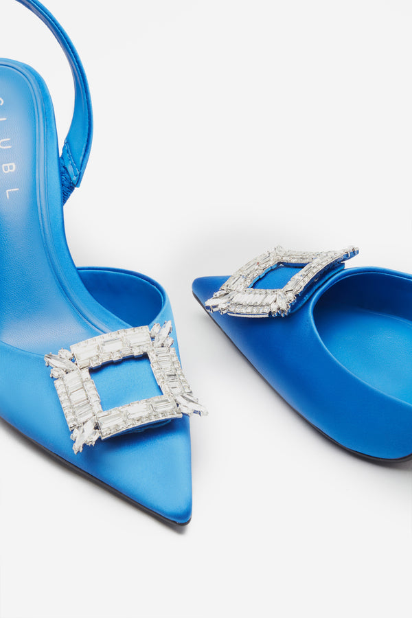 Club L Just A Fling Blue Satin Sling Back Heels With Diamante Brooches