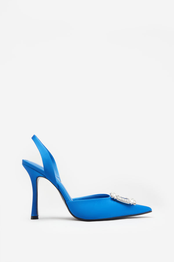 club l Just A Fling Blue Satin Sling Back Heels With Diamante Brooches