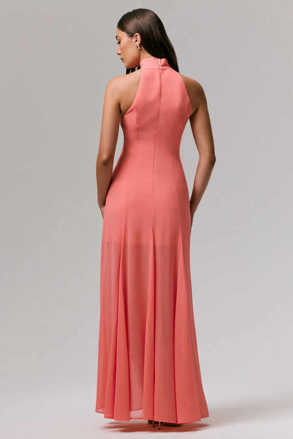 Club L Just Like Magic Coral High-Neck Embellished Maxi Dress