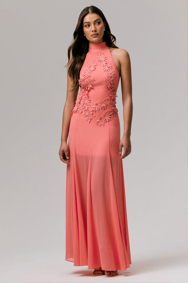 Club L Just Like Magic Coral High-Neck Embellished Maxi Dress
