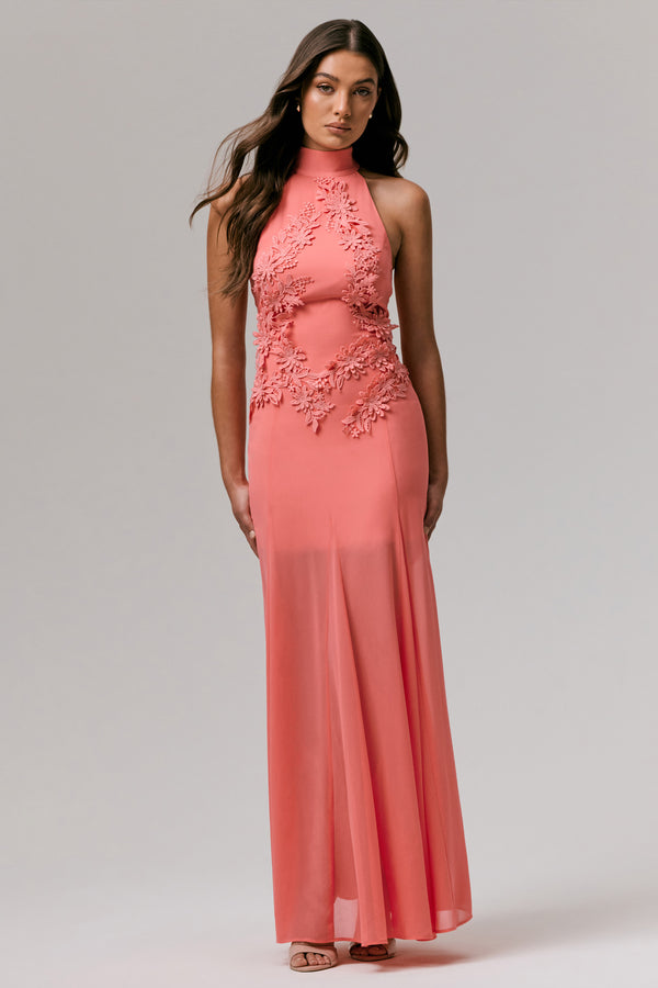 Club L Just Like Magic Coral High-Neck Embellished Maxi Dress