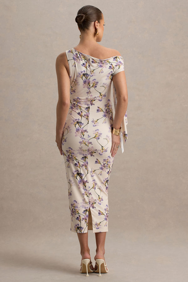 Club L Katarine Peach Floral Print Asymmetric Knot Maternity Midi Dress