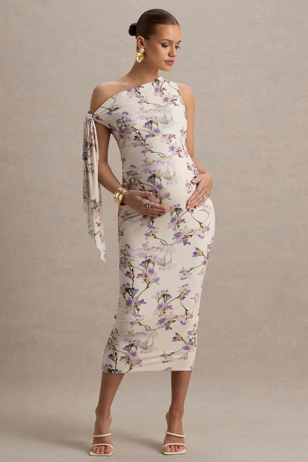Club L Katarine Peach Floral Print Asymmetric Knot Maternity Midi Dress
