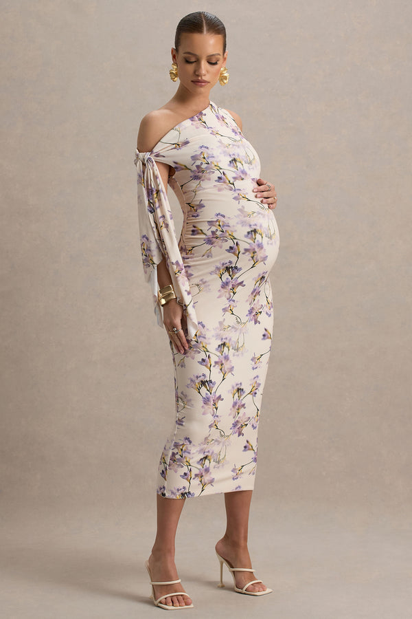 club l Katarine Peach Floral Print Asymmetric Knot Maternity Midi Dress