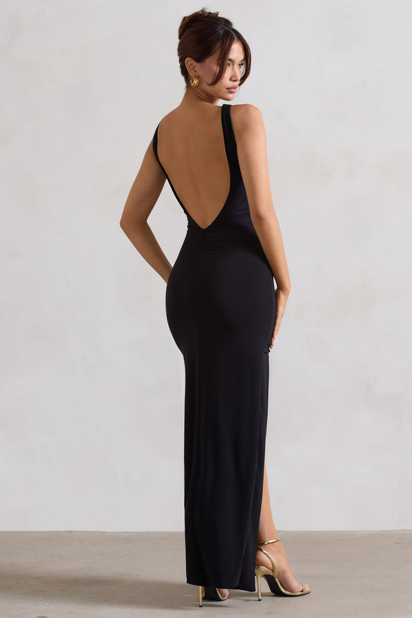 Club L Kate Black Square Neck Maxi Dress With Plunge Back And Side Thigh Split