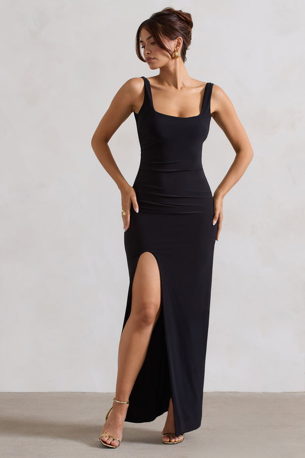 Club L Kate Black Square Neck Maxi Dress With Plunge Back And Side Thigh Split