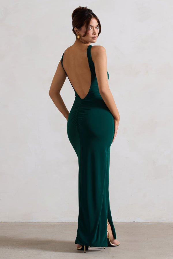 Club L Kate Bottle Green Square Neck Maxi Dress With Plunge Back And Side Thigh Split
