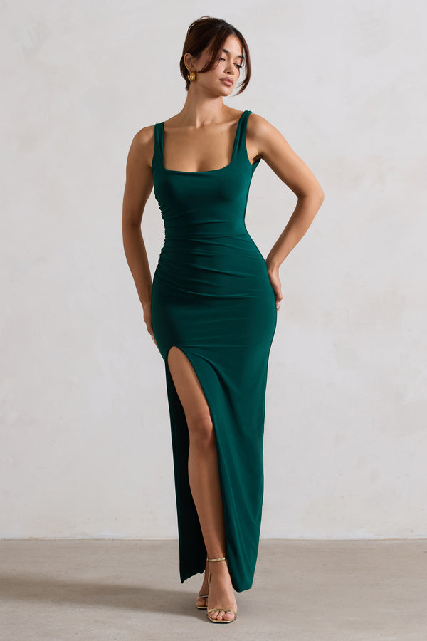 Club L Kate Bottle Green Square Neck Maxi Dress With Plunge Back And Side Thigh Split