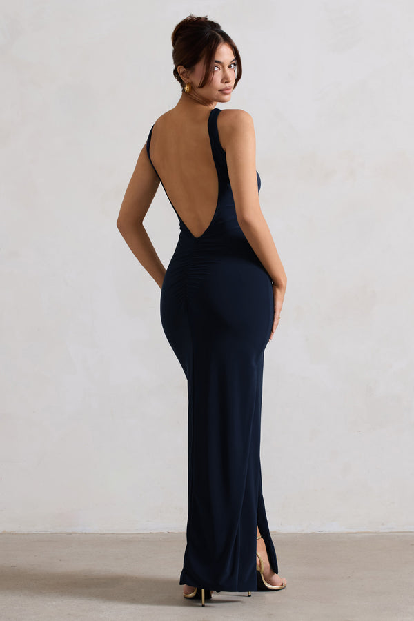 Club L Kate Navy Square Neck Maxi Dress With Plunge Back And Side Thigh Split