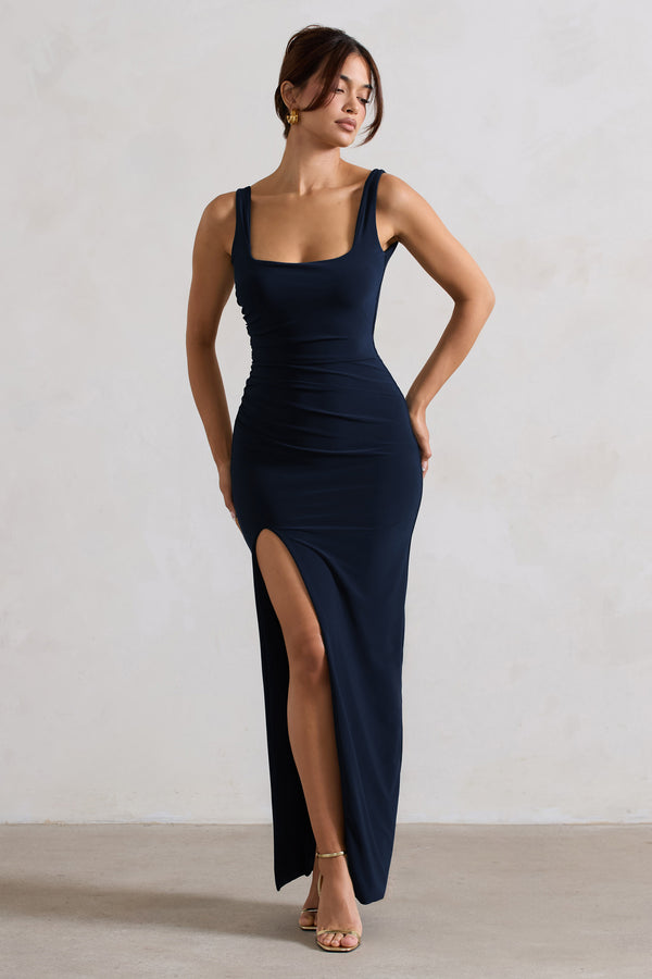 Club L Kate Navy Square Neck Maxi Dress With Plunge Back And Side Thigh Split
