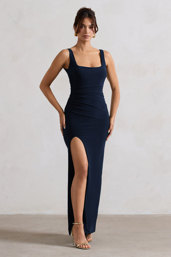 club l Kate Navy Square Neck Maxi Dress with Plunge Back and Side Thigh Split