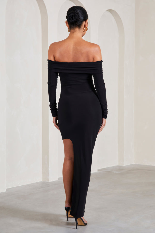 Club L Kaylee Black Ruched Strapless Long-Sleeved Split Maternity Maxi Dress