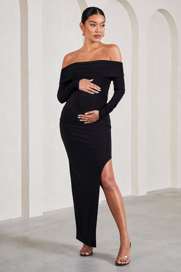 club l Kaylee Black Ruched Strapless Long-Sleeved Split Maternity Maxi Dress