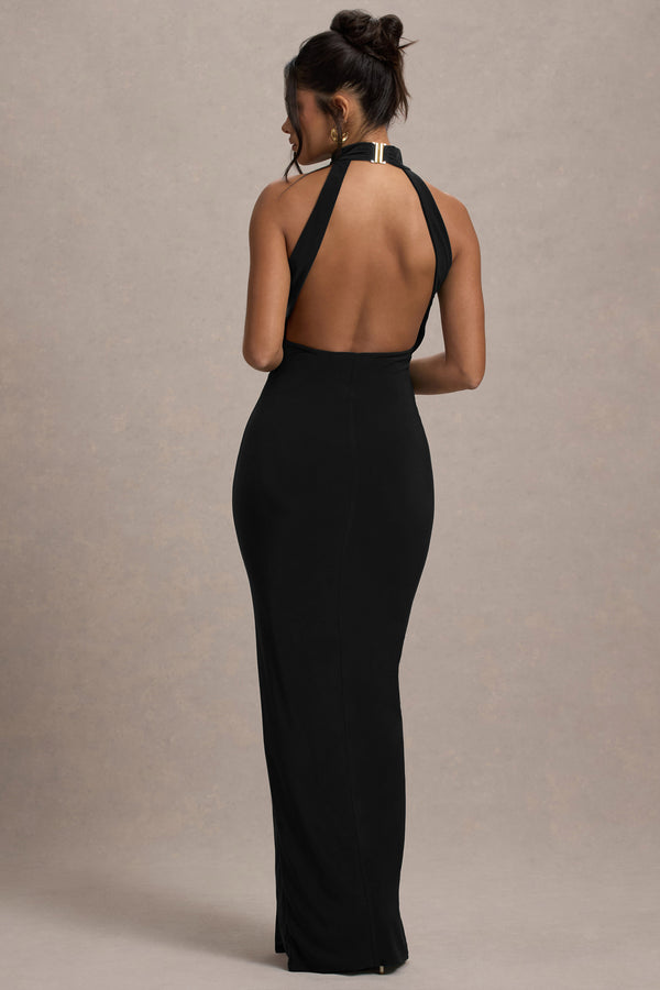 Club L Khari Black High-Neck Twisted Maxi Dress With Drape