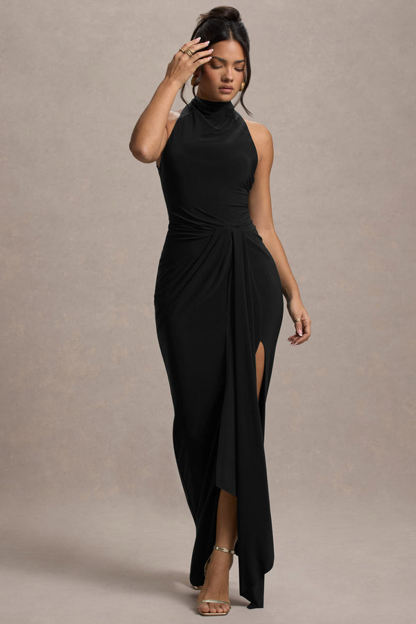 Club L Khari Black High-Neck Twisted Maxi Dress With Drape